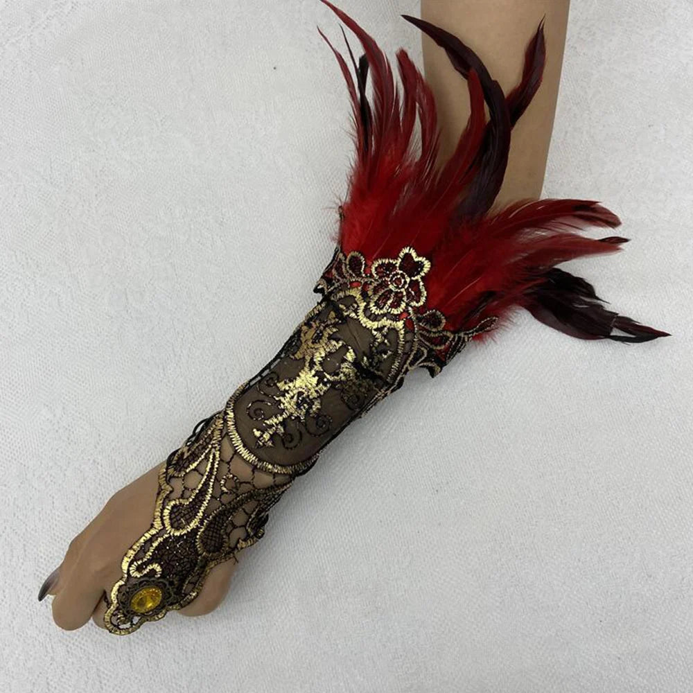 Sexy Lace Feather Long Gloves Women Gothic Fingerless