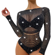Sexy Rhinestone Fishnet Bodysuit Women Backless Outfit