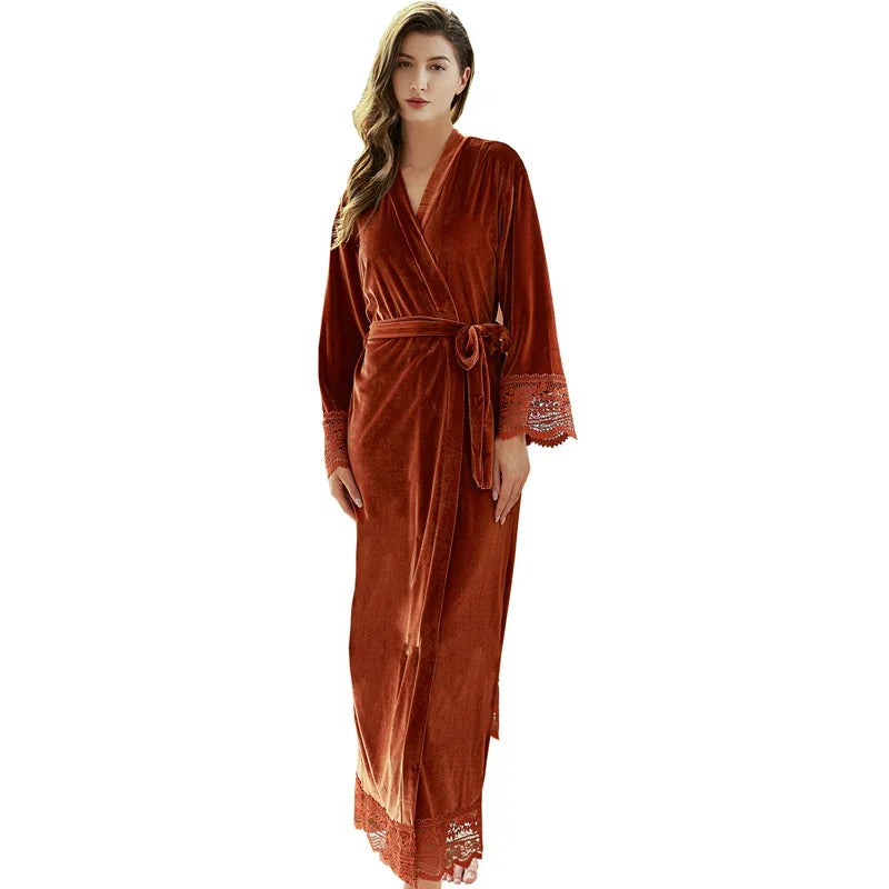 Women’s Velvet Nightgown Kimono Robe Sexy Lace Sleepwear