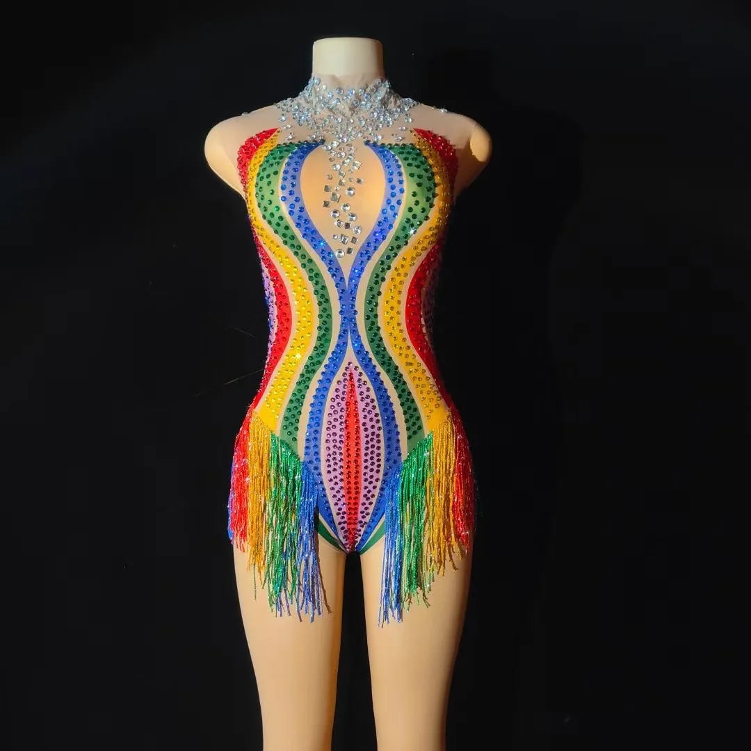 Rainbow Rhinestone Bodysuit Women Sexy Nightclub Outfit