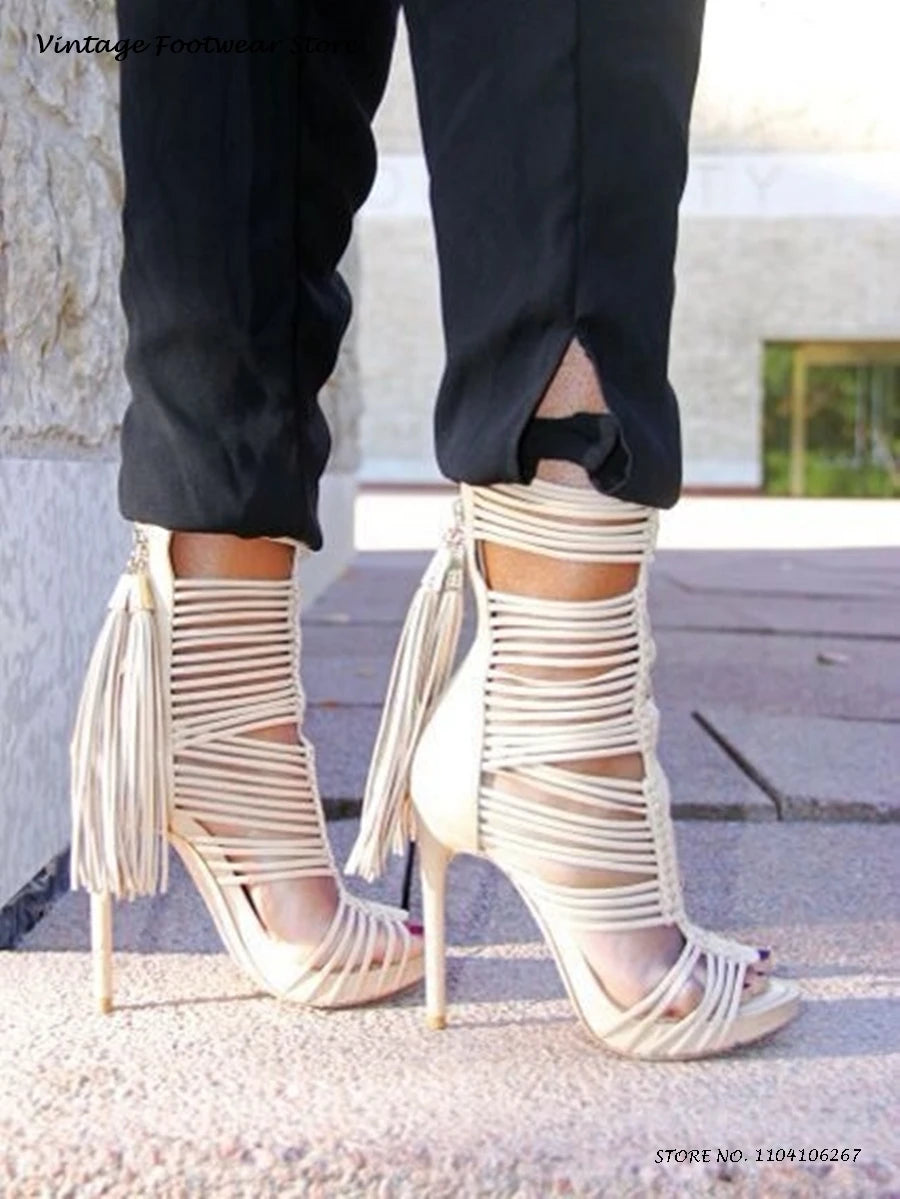 Sexy Tassel Strappy Sandals Women Round Toe High Heels