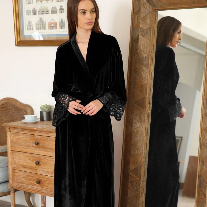 Women’s Velvet Nightgown Kimono Robe Sexy Lace Sleepwear