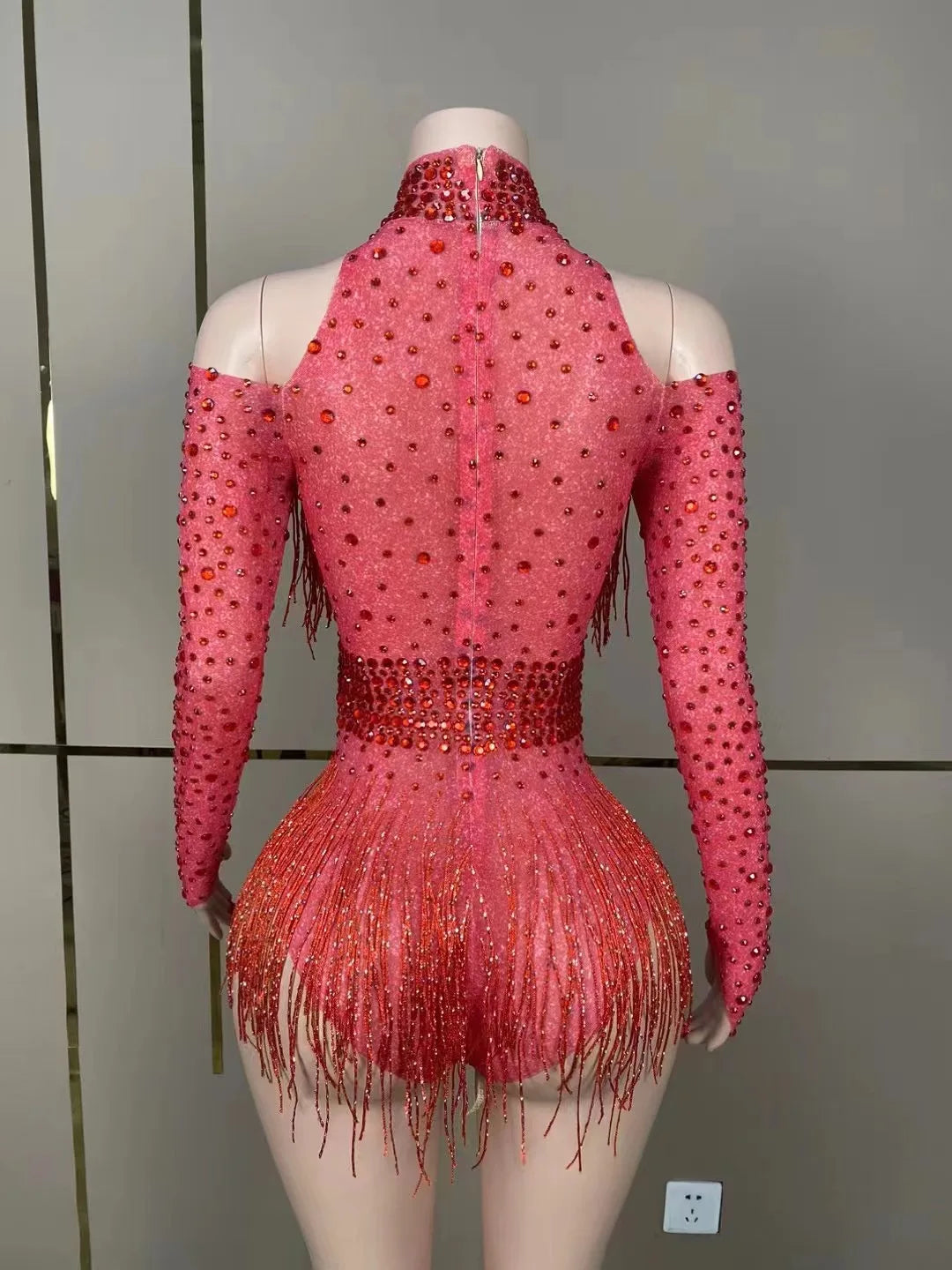Green Red Black Rhinestone Fringe Bodysuit Clubwear