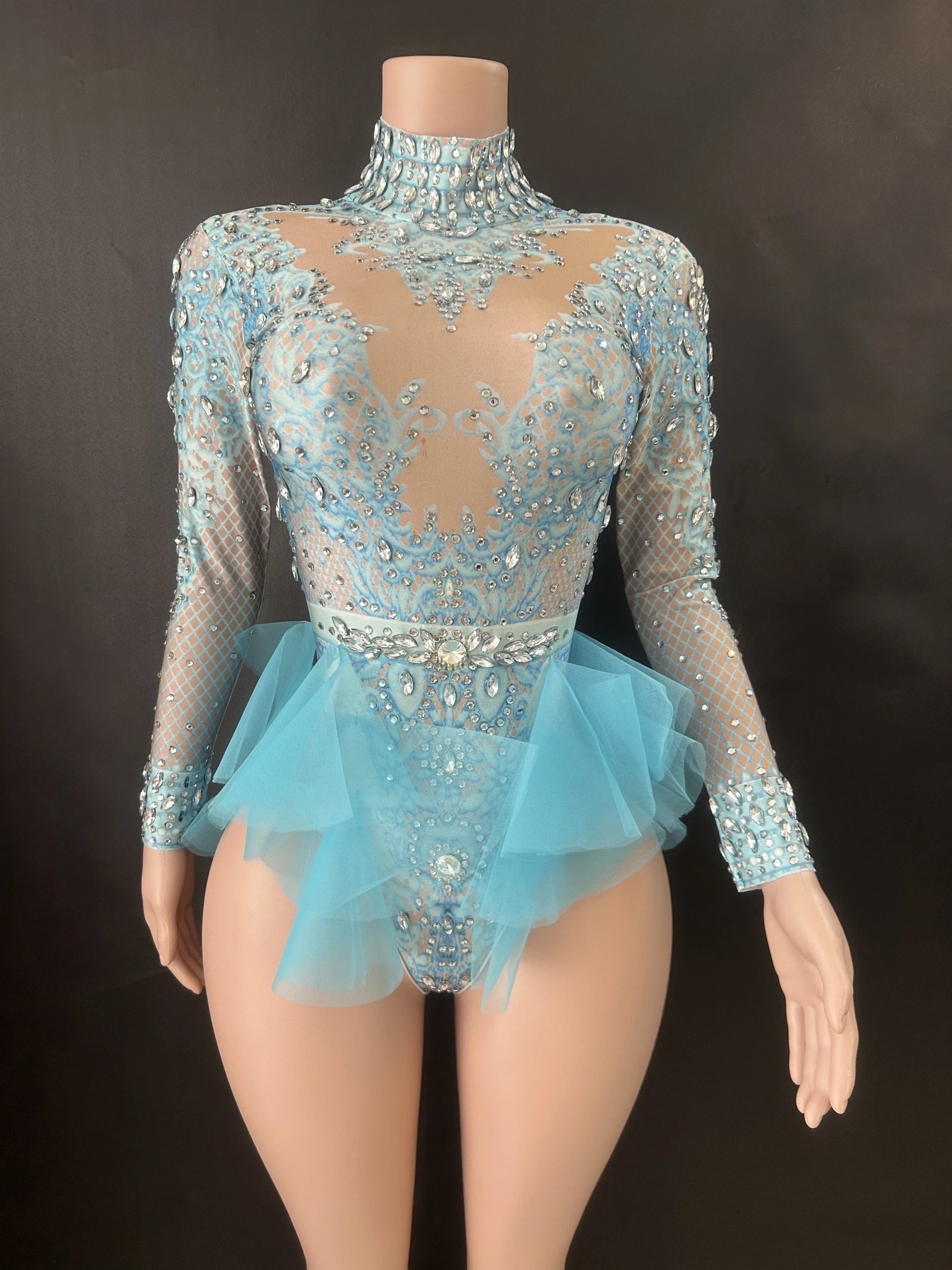 ChatGPT said:  Pink Mesh Rhinestone Ruffle Bodysuit Stage Outfit