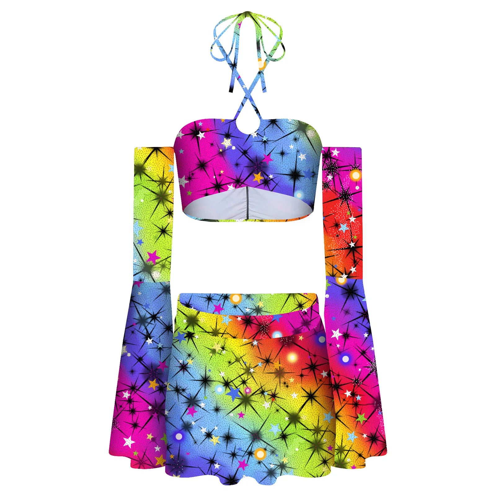 Women’s Rave Disco Pole Dance Outfit 3-Piece Skirt Set