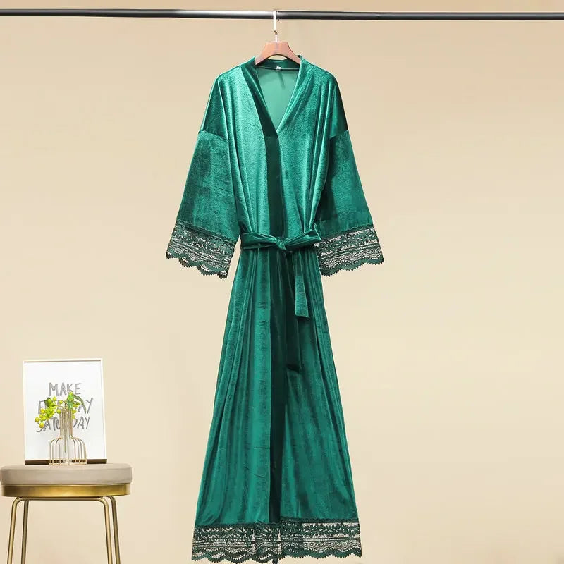Women’s Velvet Nightgown Kimono Robe Sexy Lace Sleepwear