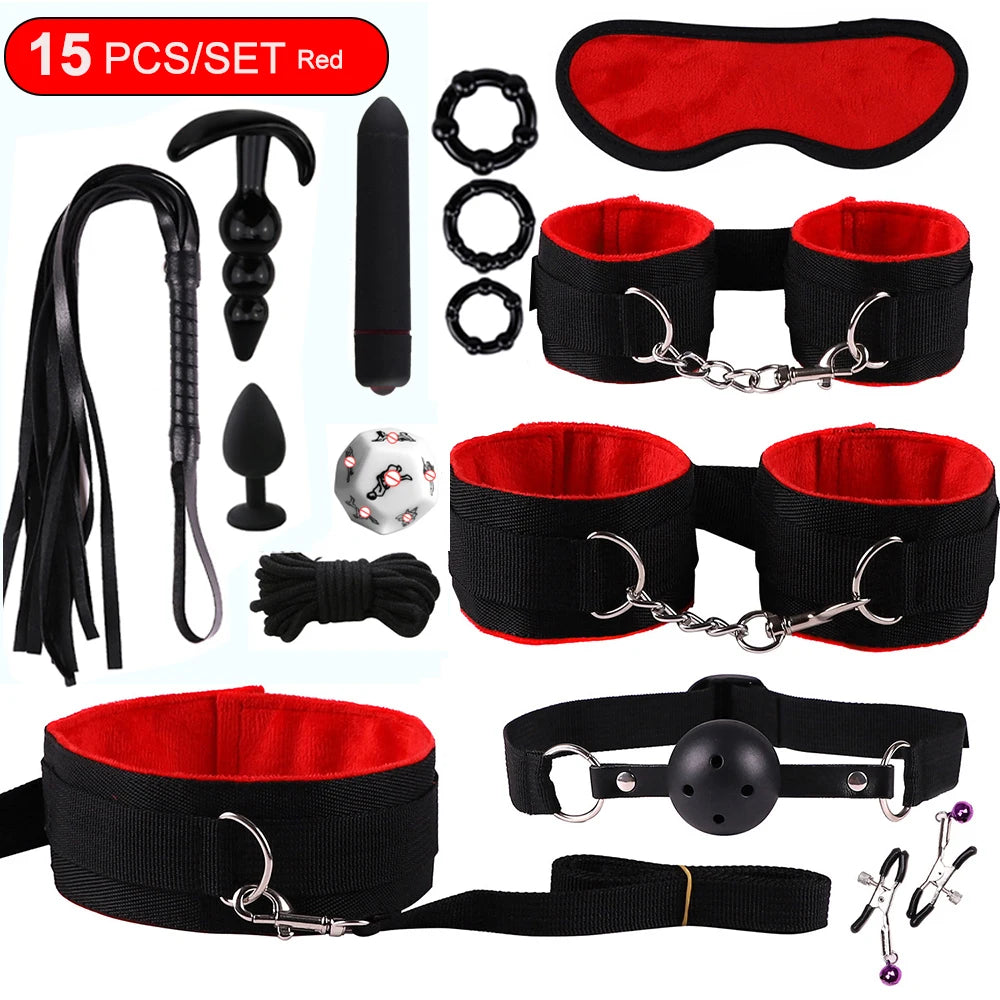 Exotic BDSM Bed Bondage Kit – Handcuffs, Whip & Gag