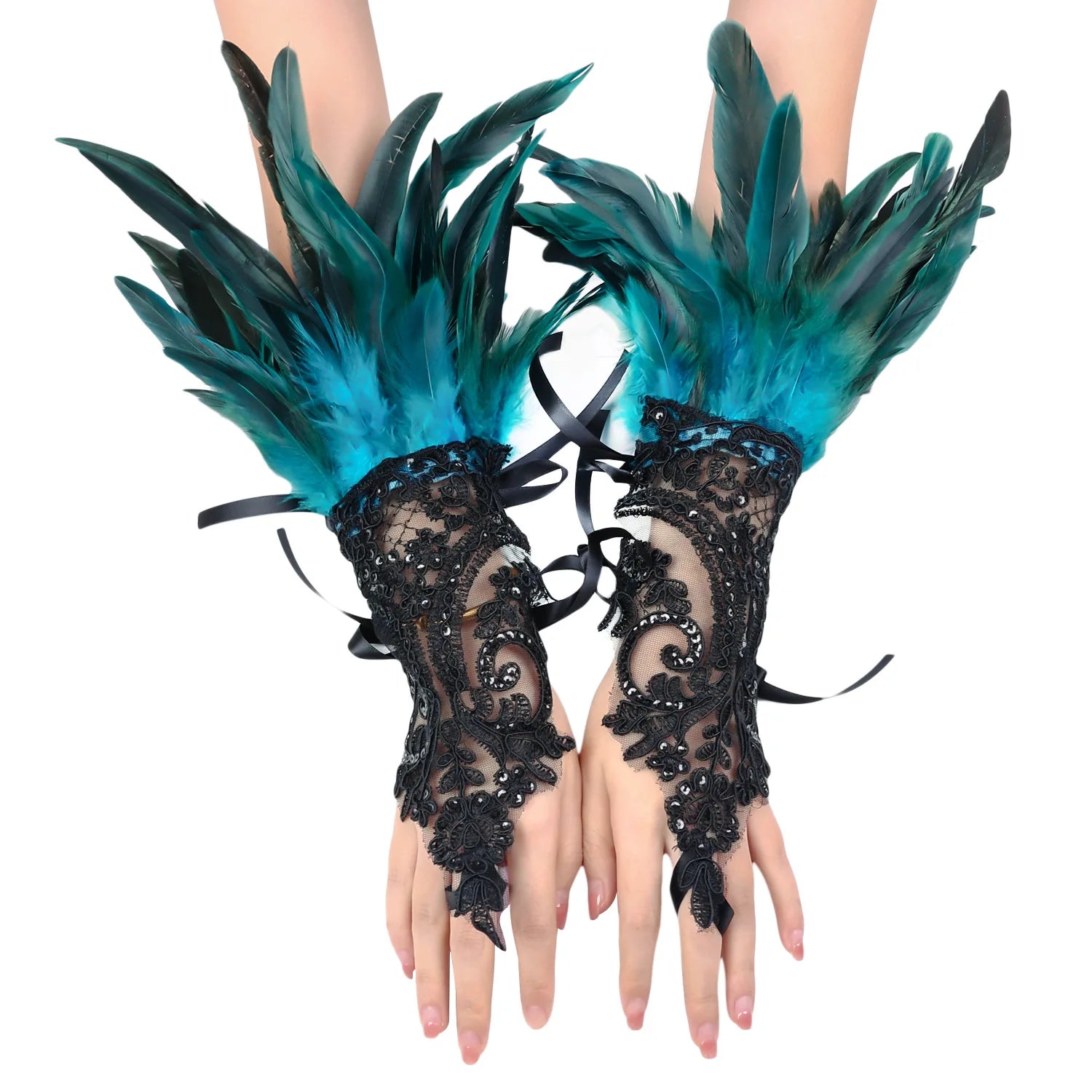 Sexy Lace Feather Long Gloves Women Gothic Fingerless
