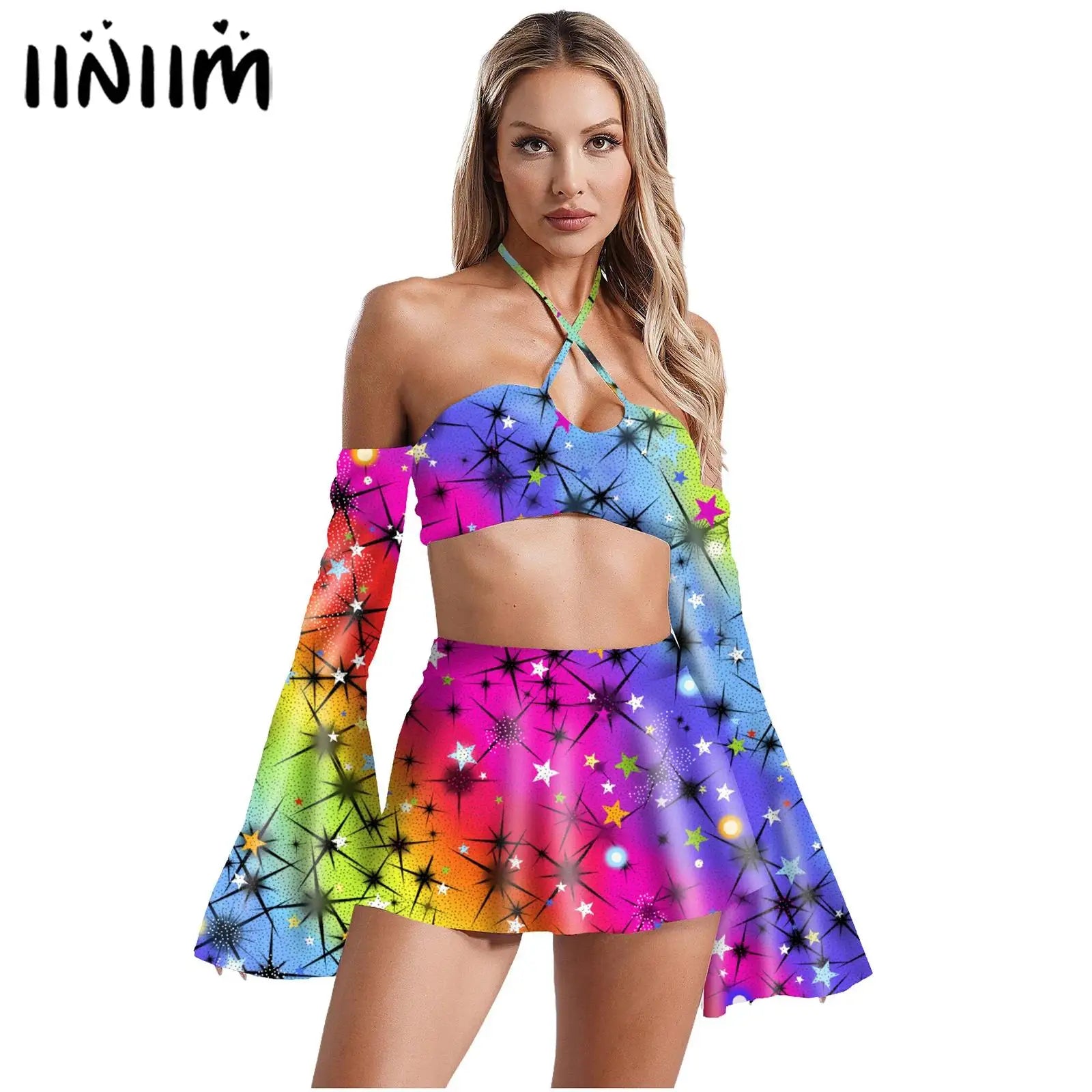 Women’s Rave Disco Pole Dance Outfit 3-Piece Skirt Set