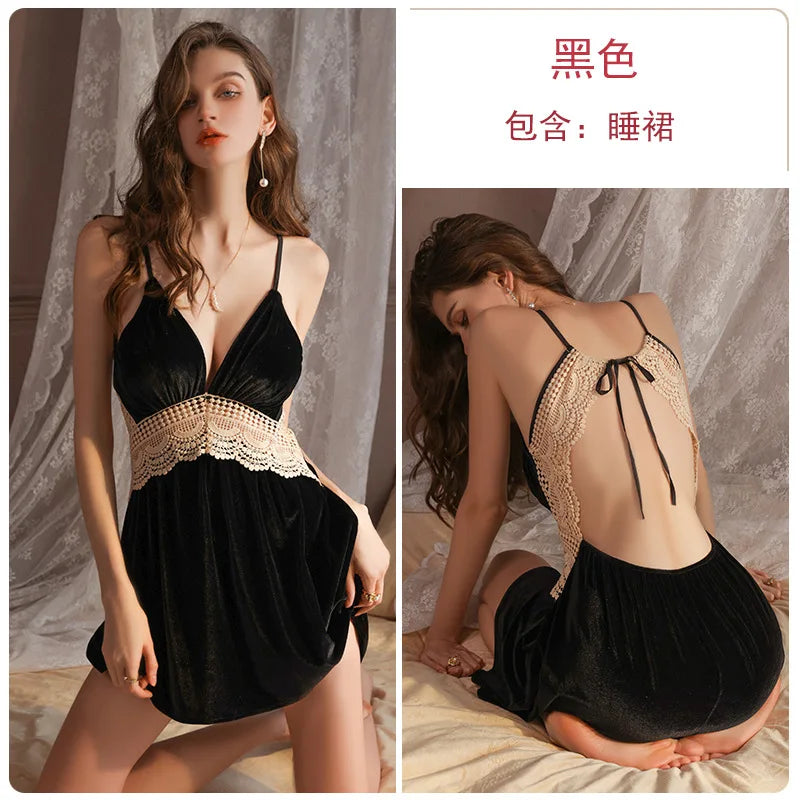 Sexy Deep V Backless Velvet Lace Nightdress Robe Women