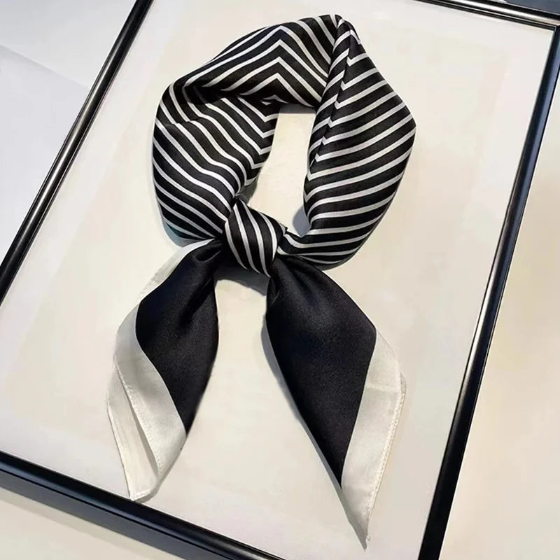 Luxury Black & White Silk Scarf Women Head Wrap Neckerchief