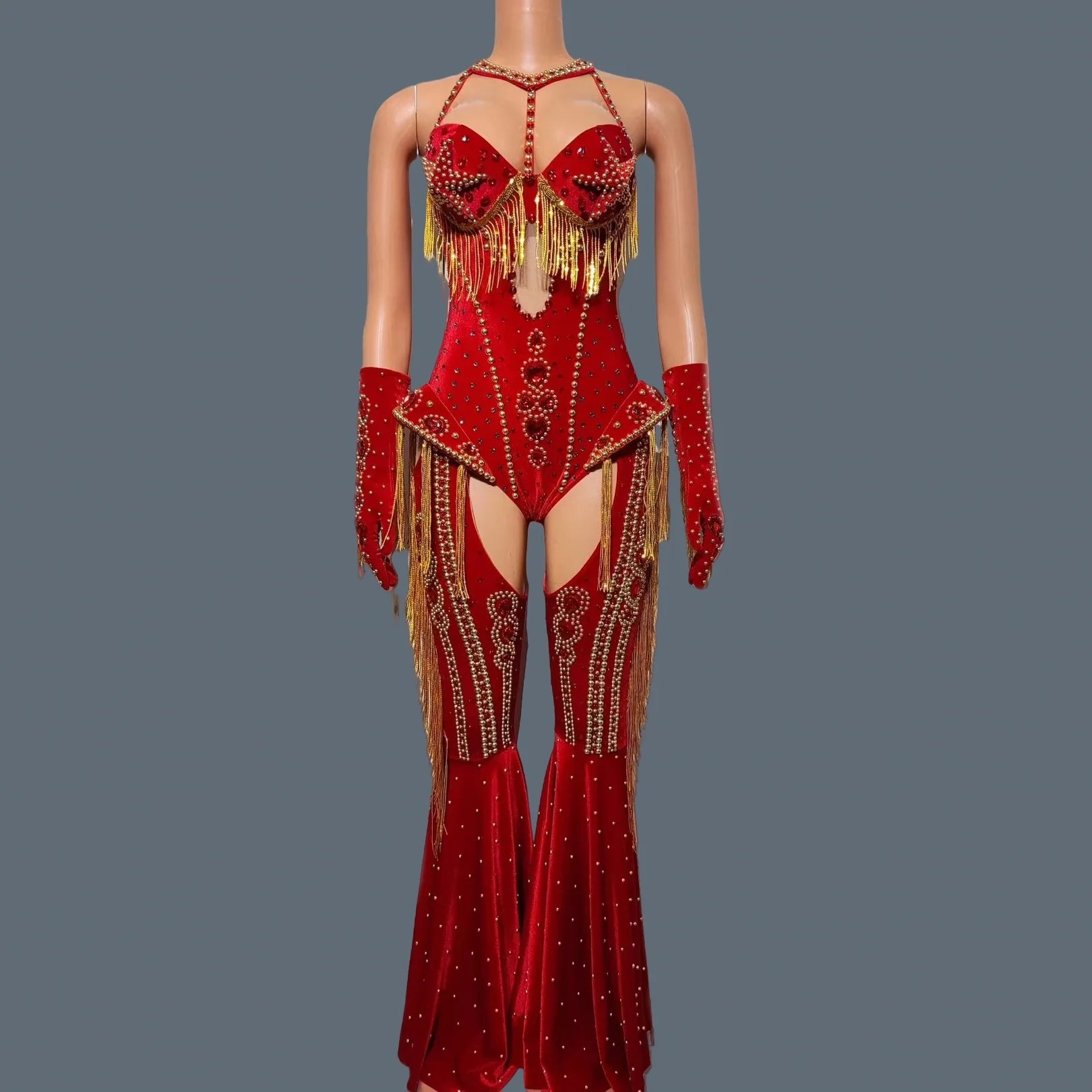ChatGPT said:  Women’s Sparkly Red Rhinestone Bodysuit 4PC Party Set