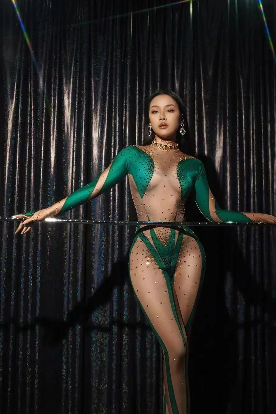 Rhinestones Jumpsuit Women LongSleeve Nightclub Prom Party Outfit Singer DancerPerformance Dance Costume Stage Wear