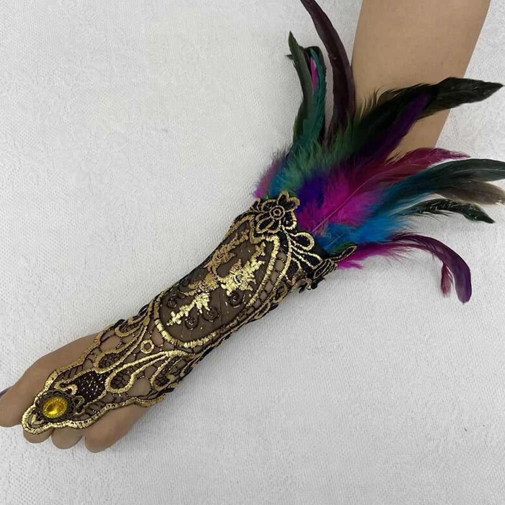 Sexy Lace Feather Long Gloves Women Gothic Fingerless