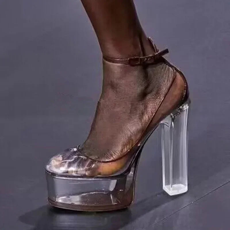 Clear PVC Platform Pumps Women Transparent Chunky Heels