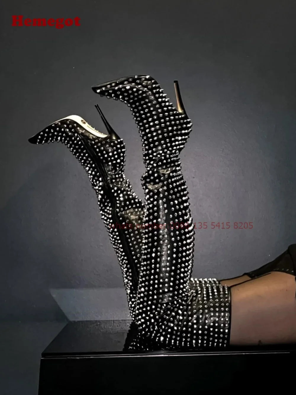 Silver Studded Thigh-High Boots Women Pointy Toe Heels