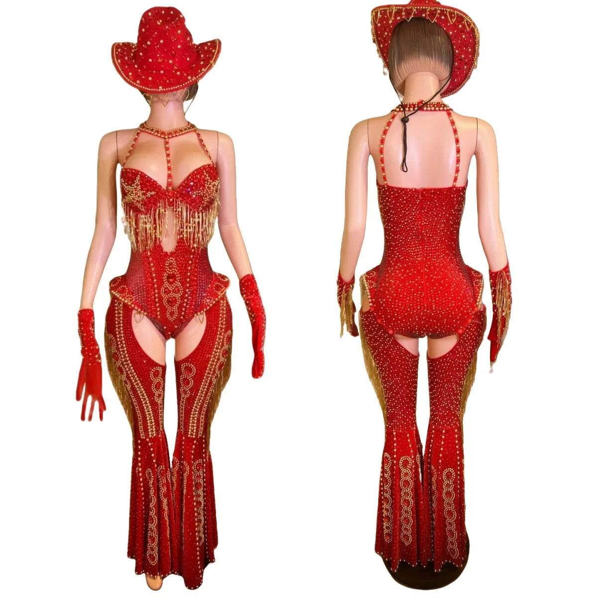 Rhinestone Bodysuit 4-Piece Club Outfit Set