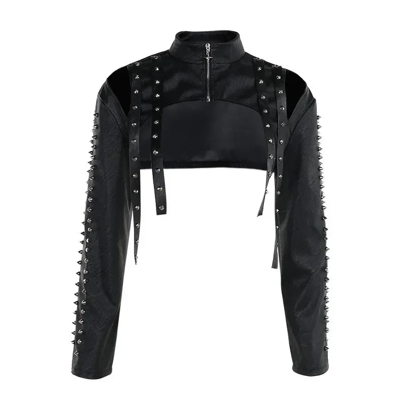 Women’s Punk Faux Leather Cropped Jacket Slim Fit Top