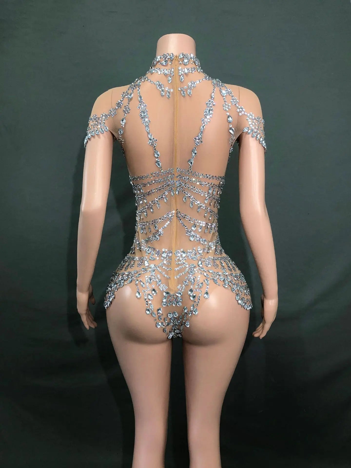 Bright Rhinestone Turtleneck Bodysuit Clubwear