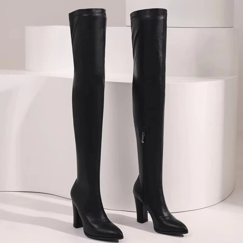 Sexy Thigh-High Leather Boots Women Over-Knee Black Heels