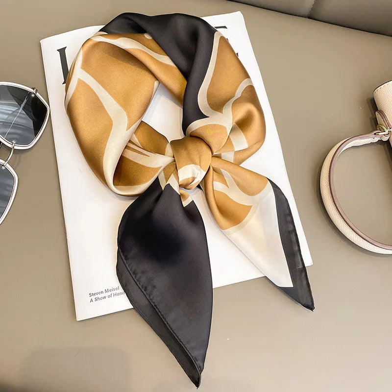 Luxury Black & White Silk Scarf Women Head Wrap Neckerchief