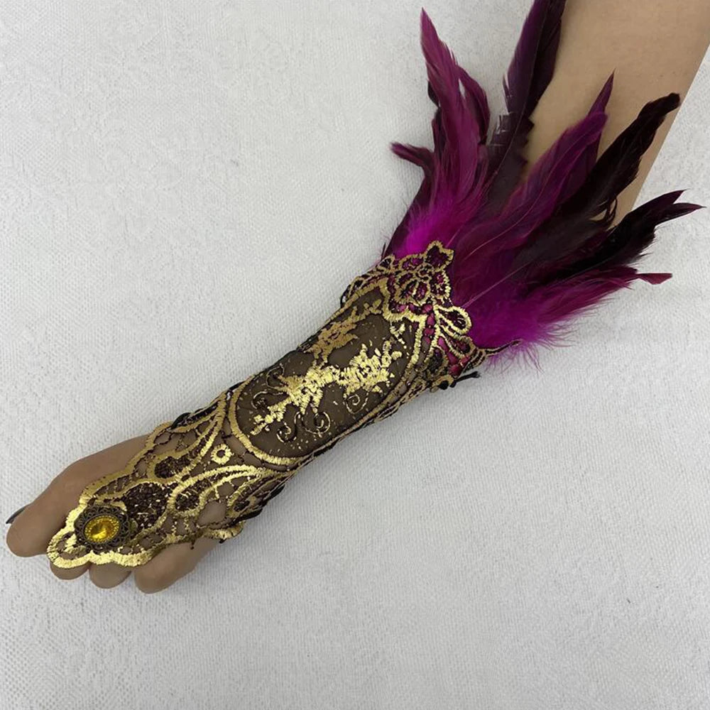Sexy Lace Feather Long Gloves Women Gothic Fingerless