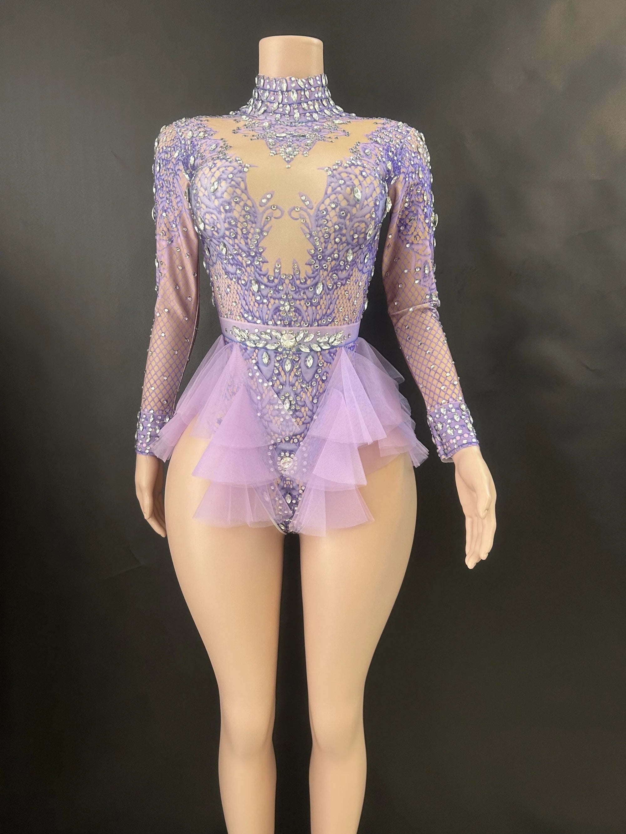 ChatGPT said:  Pink Mesh Rhinestone Ruffle Bodysuit Stage Outfit