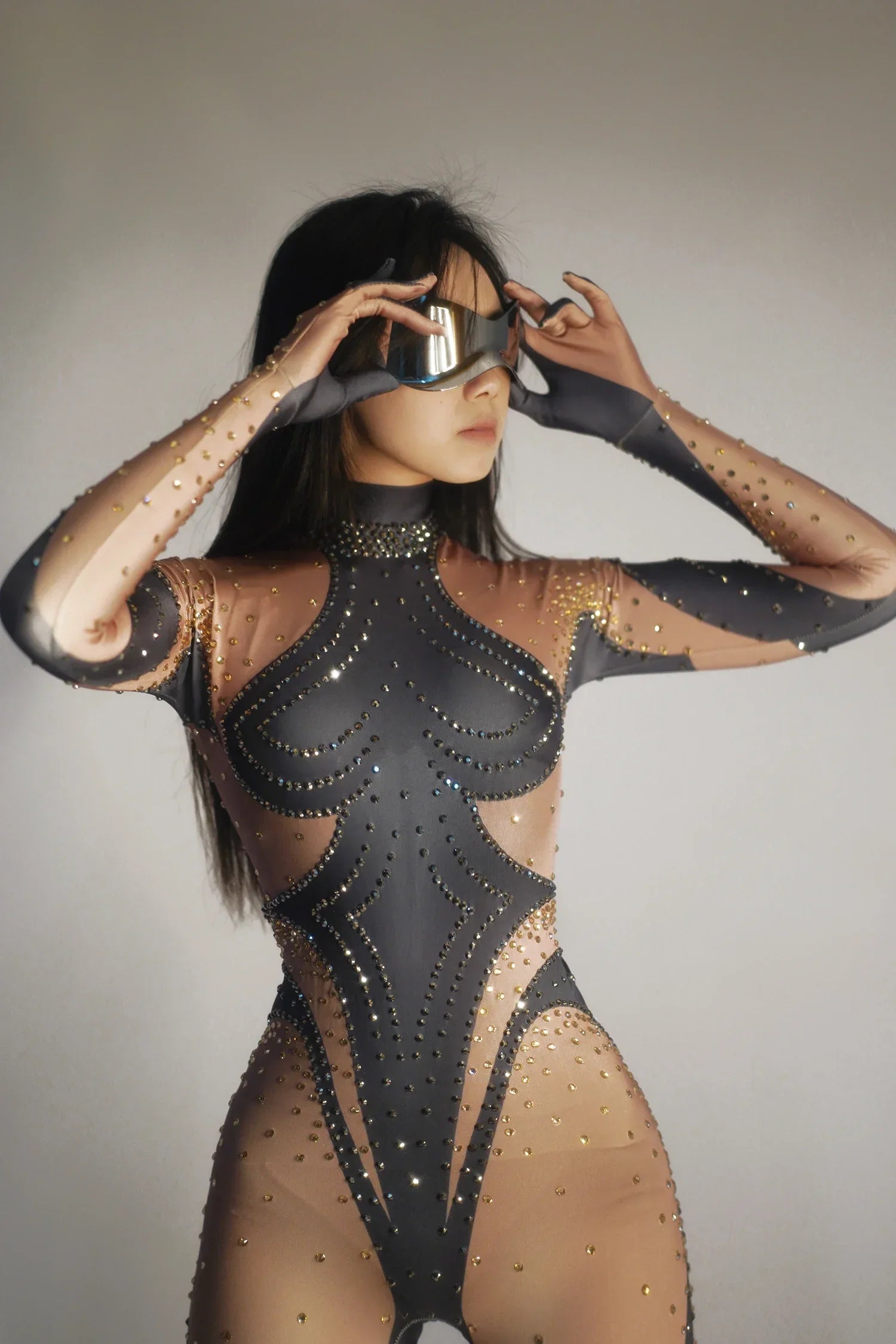 Rhinestones Jumpsuit Women LongSleeve Nightclub Prom Party Outfit Singer DancerPerformance Dance Costume Stage Wear