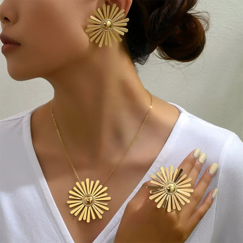 Gold Plated Flower Jewelry Set Necklace Earrings Ring Gift