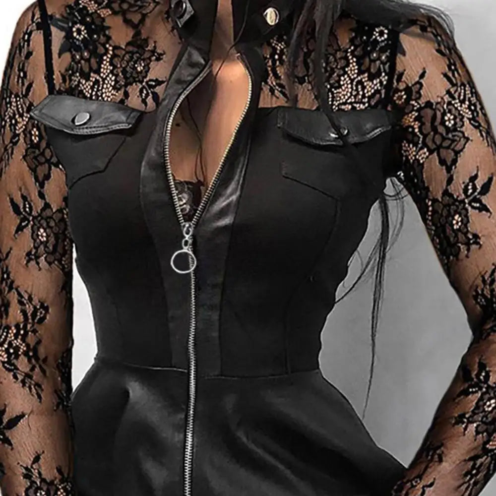 Sexy Faux Leather Mini Dress Women Lace Zipper