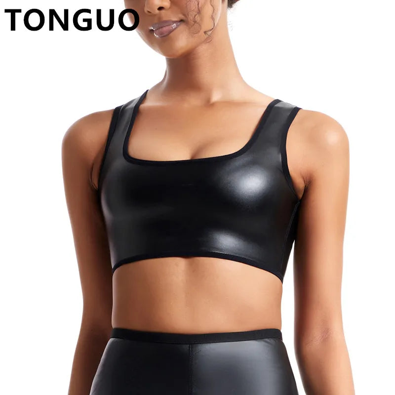 Women’s Faux Leather Sexy U-Neck Crop Tank Top Shapewear