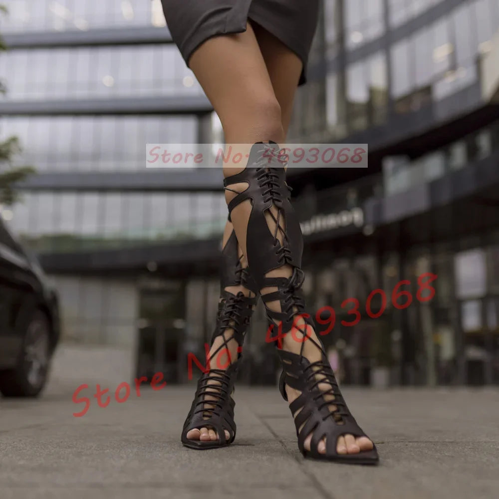 Black Strappy Cutout Sandals Women High Heels Shoes