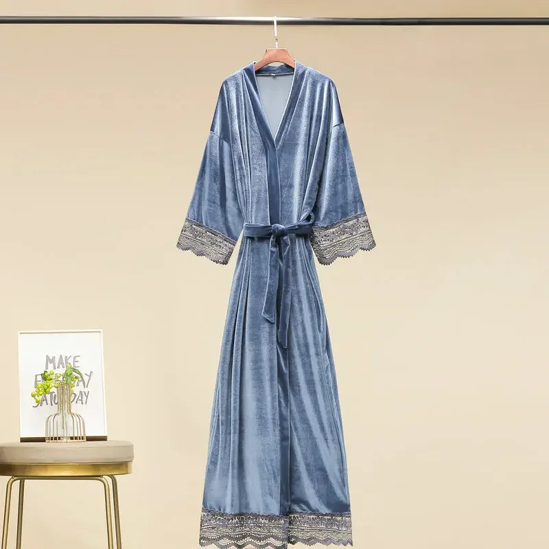 Women’s Velvet Nightgown Kimono Robe Sexy Lace Sleepwear