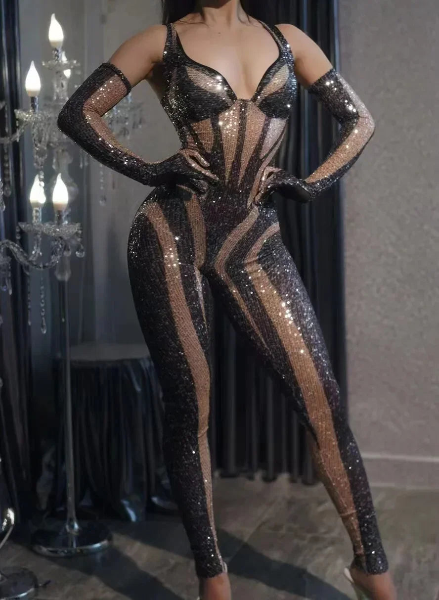 Rhinestones Jumpsuit Women LongSleeve Nightclub Prom Party Outfit Singer DancerPerformance Dance Costume Stage Wear