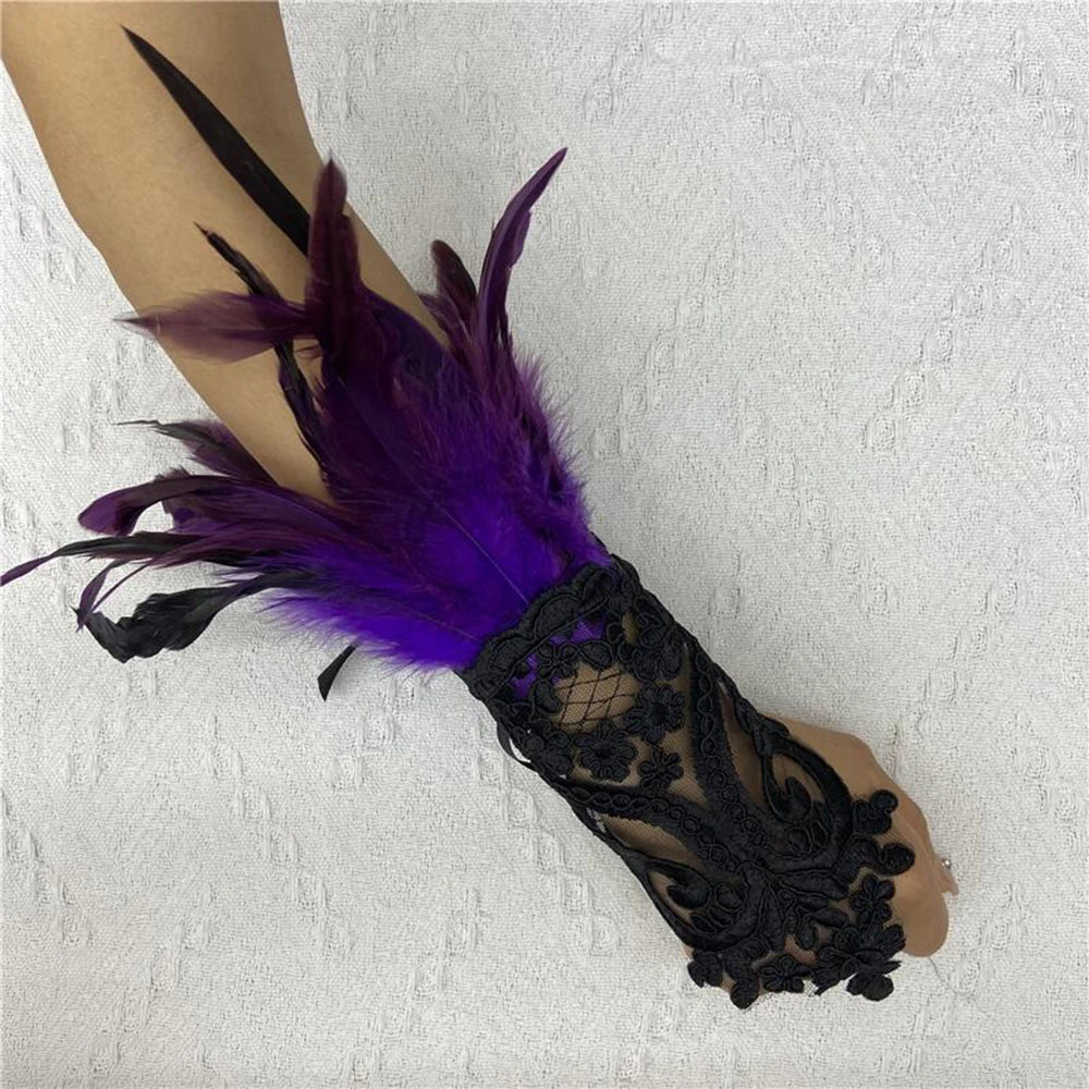 Sexy Lace Feather Long Gloves Women Gothic Fingerless