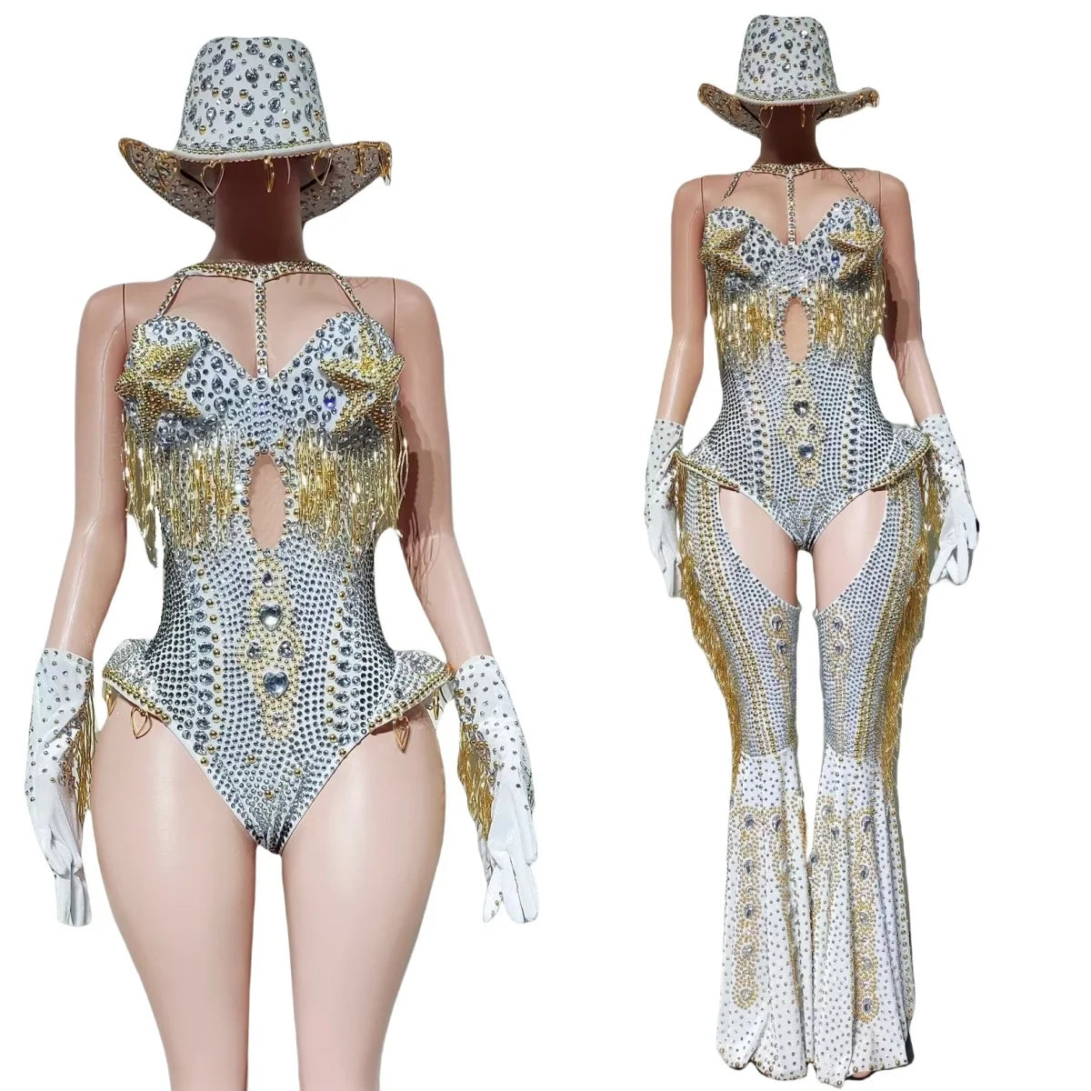 Rhinestone Bodysuit 4-Piece Club Outfit Set