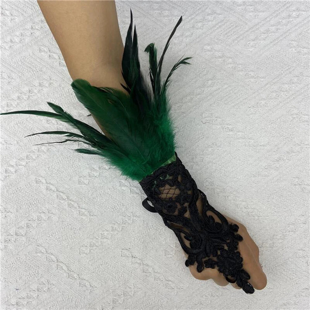 Sexy Lace Feather Long Gloves Women Gothic Fingerless