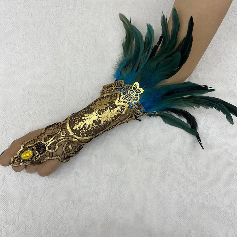 Sexy Lace Feather Long Gloves Women Gothic Fingerless
