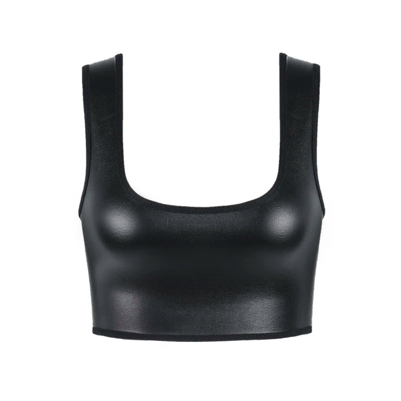 Women’s Faux Leather Sexy U-Neck Crop Tank Top Shapewear