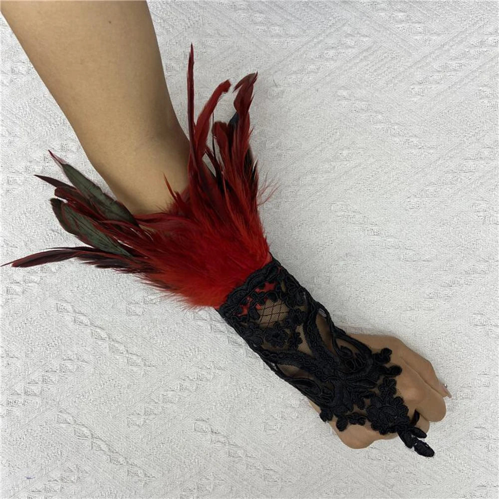 Sexy Lace Feather Long Gloves Women Gothic Fingerless