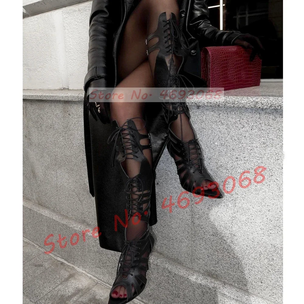 Black Strappy Cutout Sandals Women High Heels Shoes