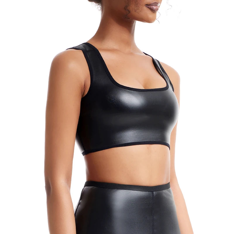 Women’s Faux Leather Sexy U-Neck Crop Tank Top Shapewear