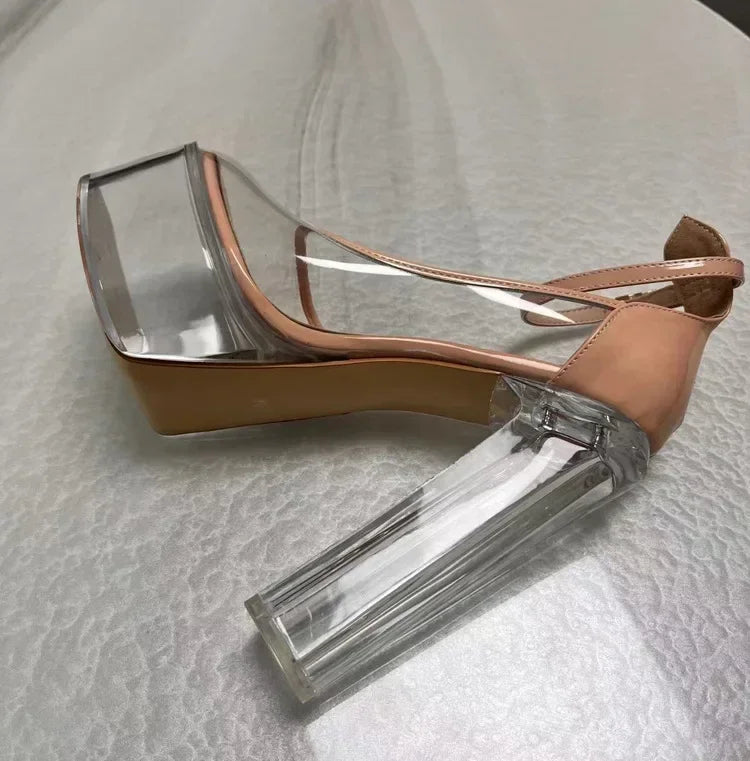 Clear PVC Platform Pumps Women Transparent Chunky Heels