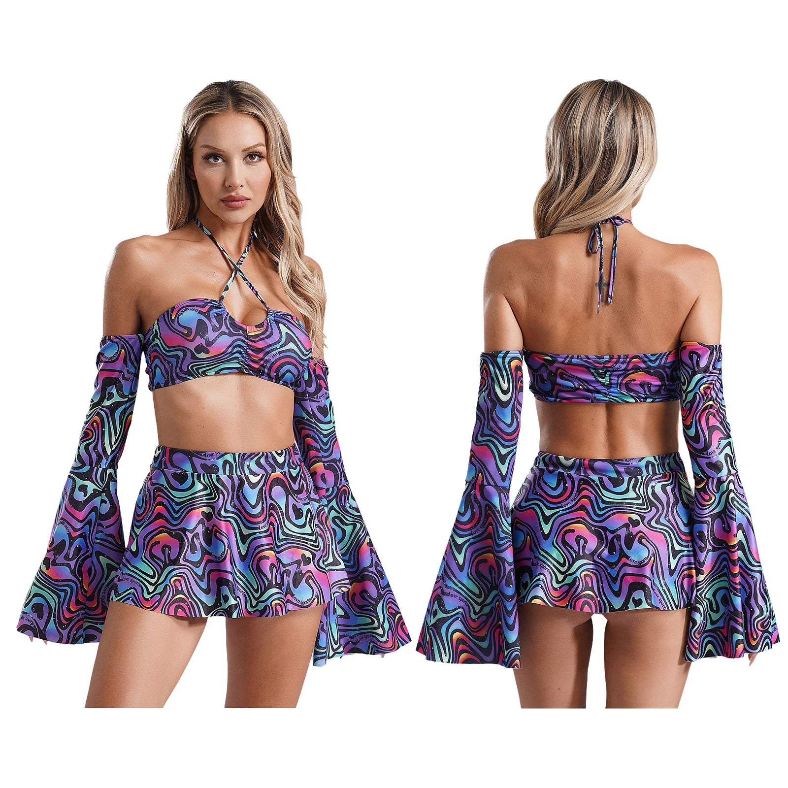 Women’s Rave Disco Pole Dance Outfit 3-Piece Skirt Set