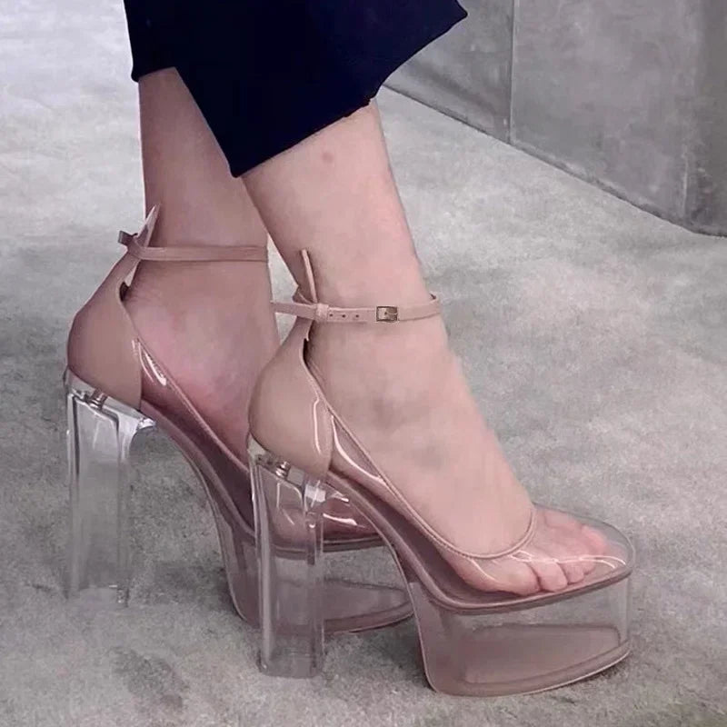 Clear PVC Platform Pumps Women Transparent Chunky Heels