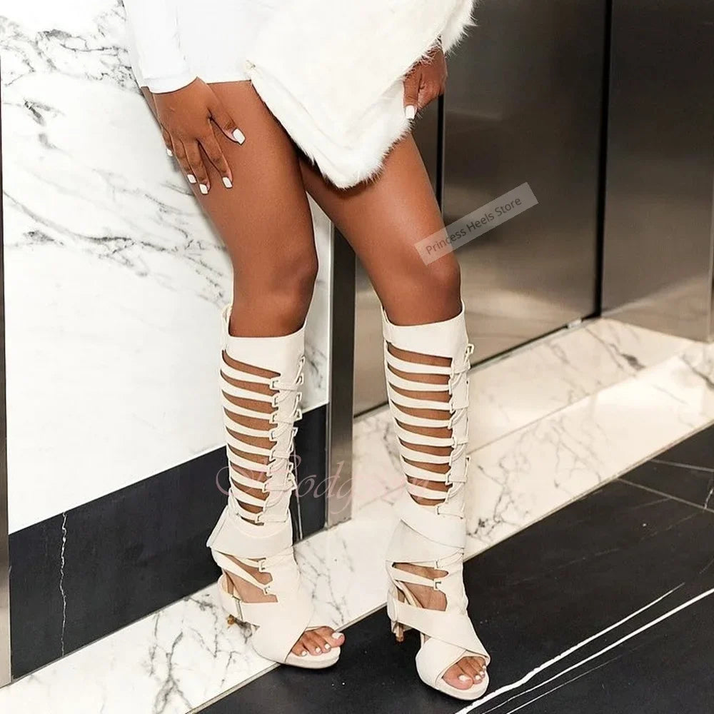 Hollow Strappy Knee-High Sandals Women Open Toe Heels