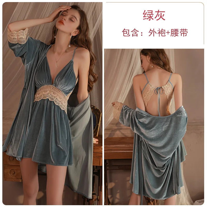Sexy Deep V Backless Velvet Lace Nightdress Robe Women