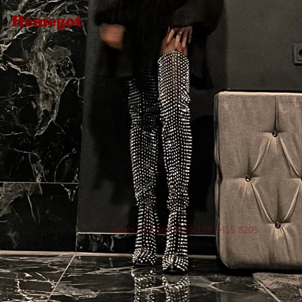 Silver Studded Thigh-High Boots Women Pointy Toe Heels
