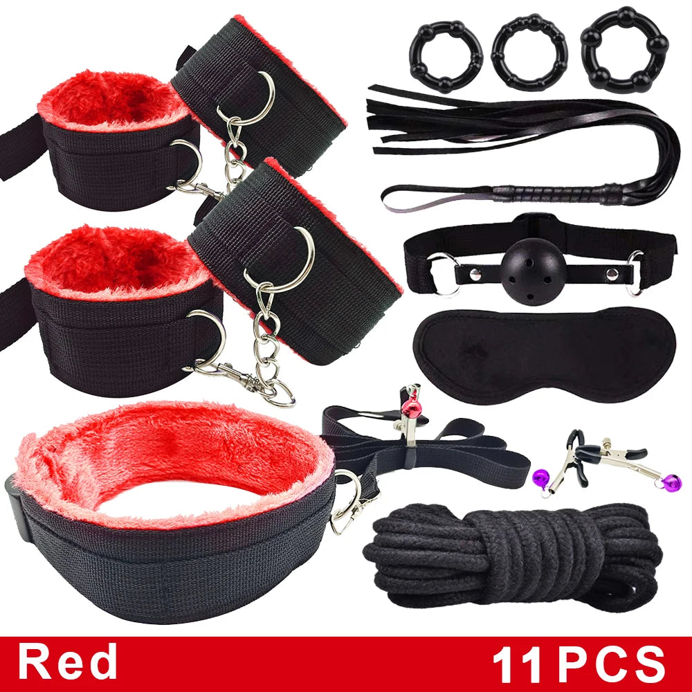 Exotic BDSM Bed Bondage Kit – Handcuffs, Whip & Gag