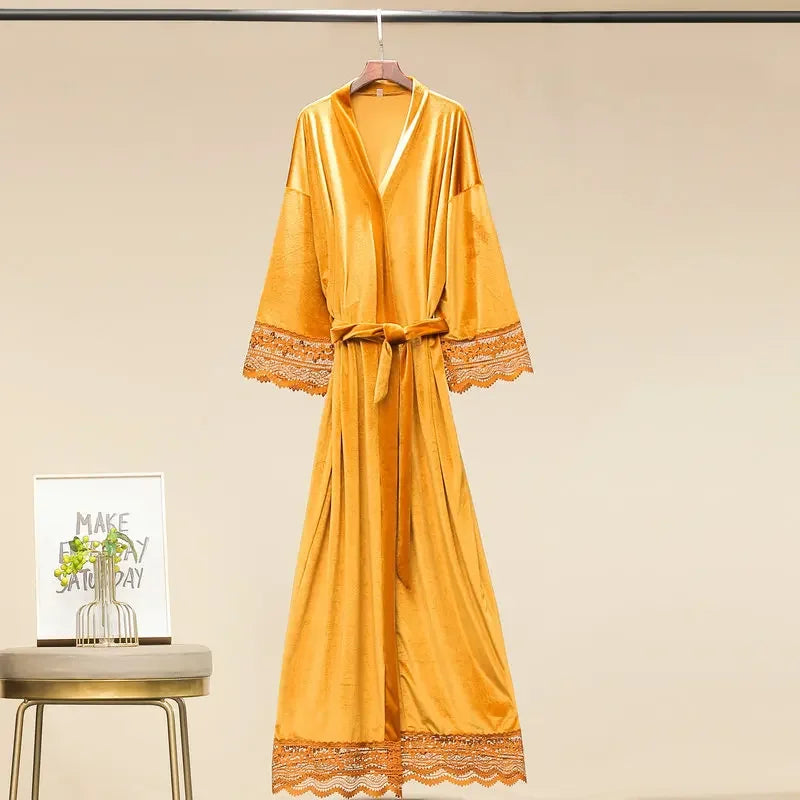 Women’s Velvet Nightgown Kimono Robe Sexy Lace Sleepwear
